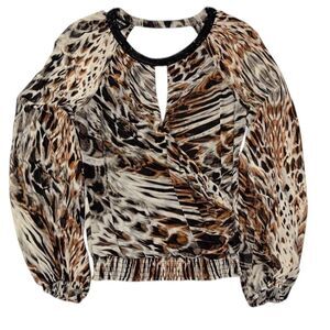 Bebe brown and black animal print blouse with cutout neckline and long sleeves